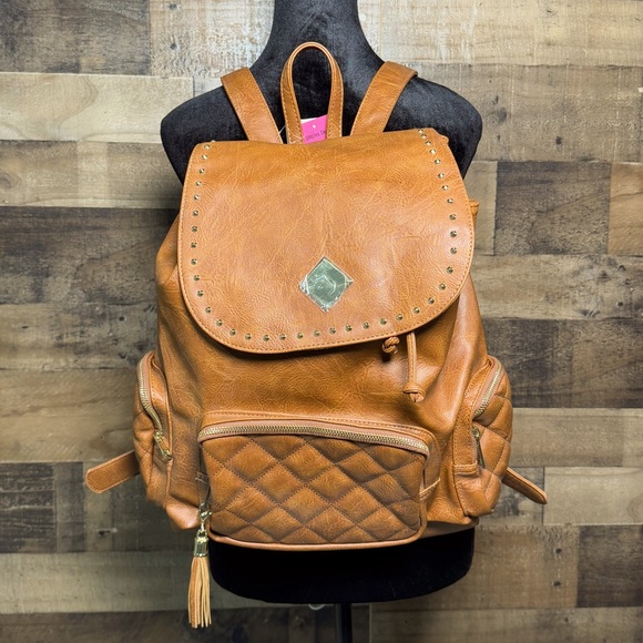 Staple Handbags - NEW NWT Staples Tan Brown Faux Leather Backpack Tote Bag AB